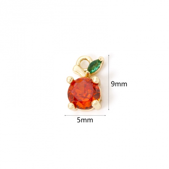 Picture of 2 PCs Brass Charms 18K Gold Plated Orange Fruit Orange-red Rhinestone 9mm x 5mm