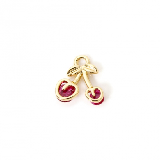 Picture of 2 PCs Brass Charms 18K Gold Plated Cherry Fruit Fuchsia Rhinestone 10mm x 10mm