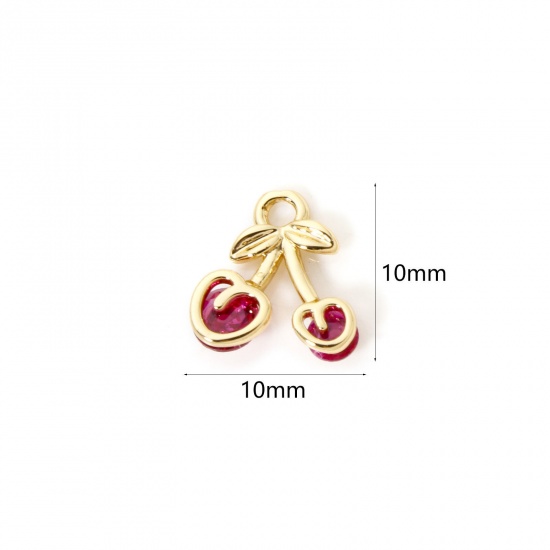 Picture of 2 PCs Brass Charms 18K Gold Plated Cherry Fruit Fuchsia Rhinestone 10mm x 10mm