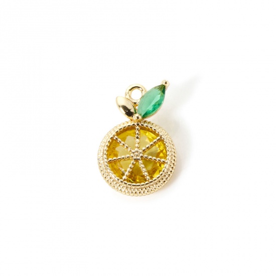 Picture of 2 PCs Brass Charms 18K Gold Plated Lemon Slice Green & Yellow Rhinestone 14mm x 9mm