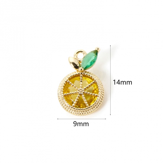 Picture of 2 PCs Brass Charms 18K Gold Plated Lemon Slice Green & Yellow Rhinestone 14mm x 9mm