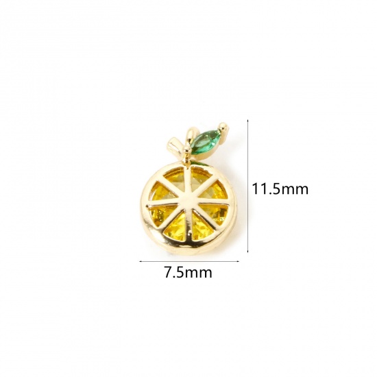 Picture of 2 PCs Brass Charms 18K Gold Plated Lemon Slice Green & Yellow Rhinestone 11.5mm x 7.5mm