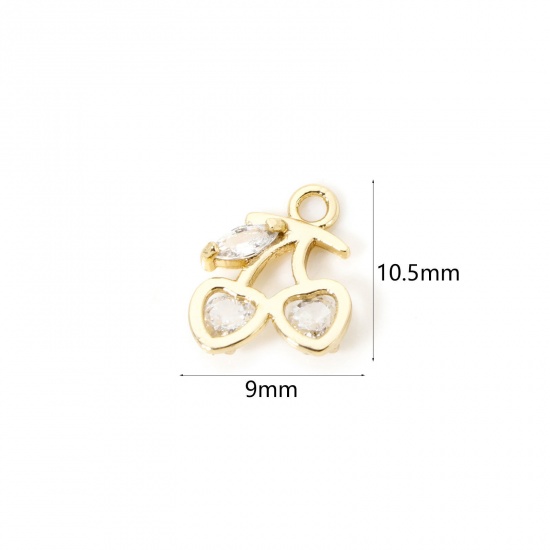 Picture of 2 PCs Brass Charms 18K Gold Plated Cherry Fruit Clear Rhinestone 10.5mm x 9mm