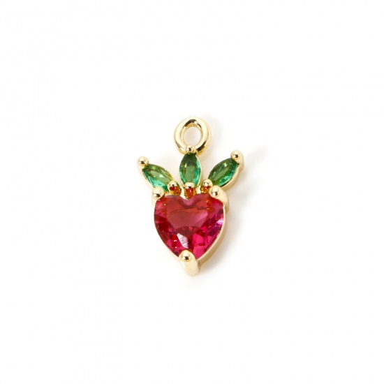 Picture of 2 PCs Brass Charms 18K Gold Plated Strawberry Fruit Fuchsia Rhinestone 12mm x 8mm