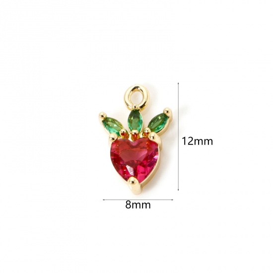 Picture of 2 PCs Brass Charms 18K Gold Plated Strawberry Fruit Fuchsia Rhinestone 12mm x 8mm