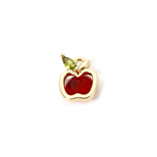 Picture of 2 PCs Brass Charms 18K Gold Plated Apple Fruit Red Rhinestone 10mm x 7.5mm