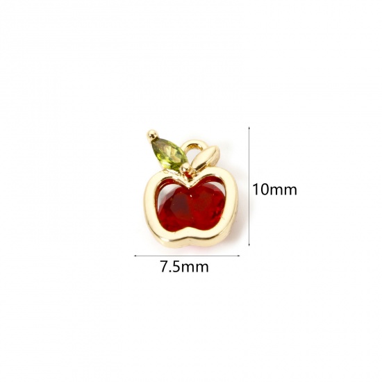 Picture of 2 PCs Brass Charms 18K Gold Plated Apple Fruit Red Rhinestone 10mm x 7.5mm