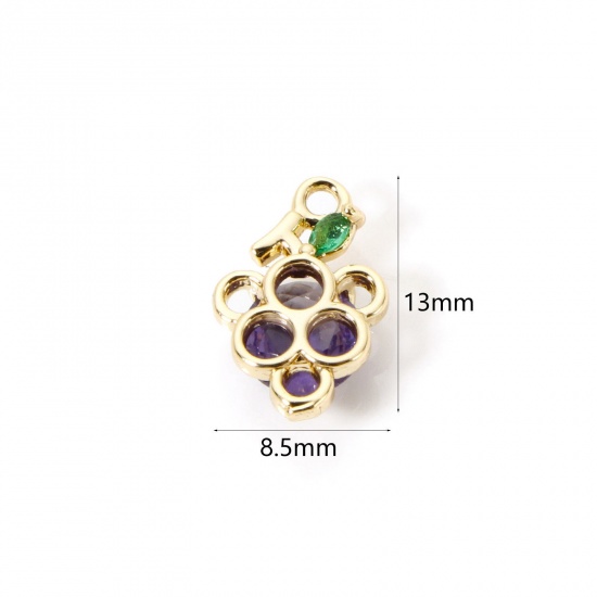 Picture of 2 PCs Brass Charms 18K Gold Plated Grape Purple Rhinestone 13mm x 8.5mm