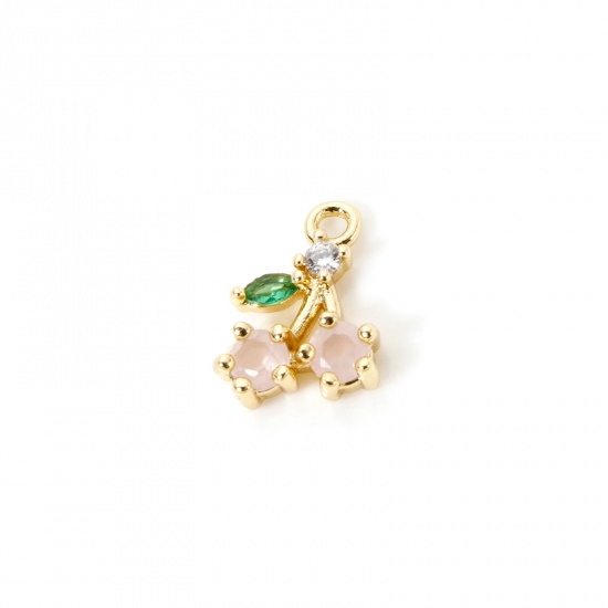 Picture of 2 PCs Brass Charms 18K Gold Plated Cherry Fruit Multicolor Rhinestone 11mm x 8mm