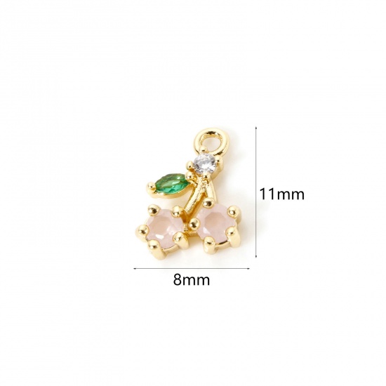 Picture of 2 PCs Brass Charms 18K Gold Plated Cherry Fruit Multicolor Rhinestone 11mm x 8mm