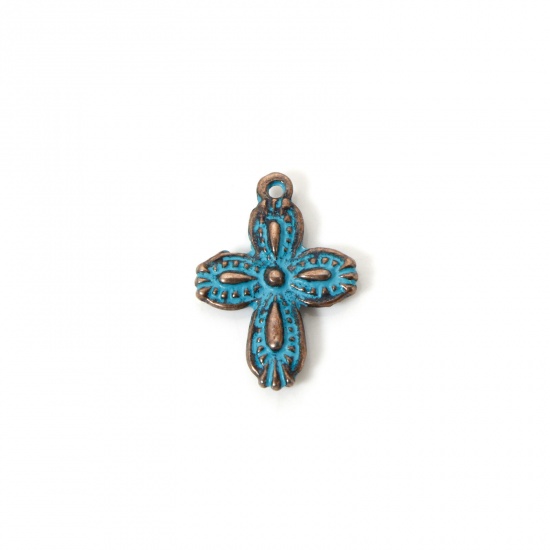 Image de 50 PCs Zinc Based Alloy Patina Charms Antique Copper Blue Cross 18mm x 13mm