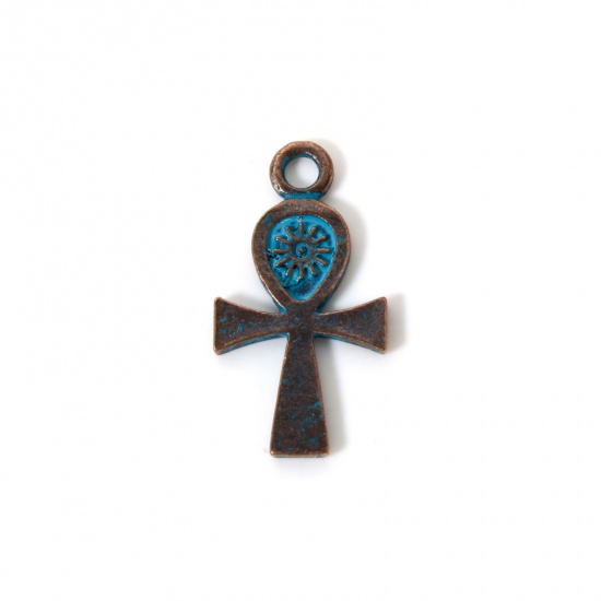 Image de 10 PCs Zinc Based Alloy Patina Pendants Antique Copper Blue Ankh Egyptian Cross 3cm x 1.6cm