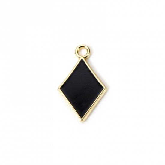 Imagen de 20 PCs Zinc Based Alloy Poker/ Paper Card/ Game Card Charms Gold Plated Black Rhombus Diamonds Enamel 21mm x 13mm