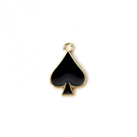 Imagen de 20 PCs Zinc Based Alloy Poker/ Paper Card/ Game Card Charms Gold Plated Black Sapdes Enamel 19mm x 12.5mm