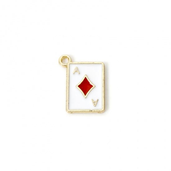 Imagen de 20 PCs Zinc Based Alloy Poker/ Paper Card/ Game Card Charms Gold Plated White & Red Diamonds Enamel 14mm x 11mm