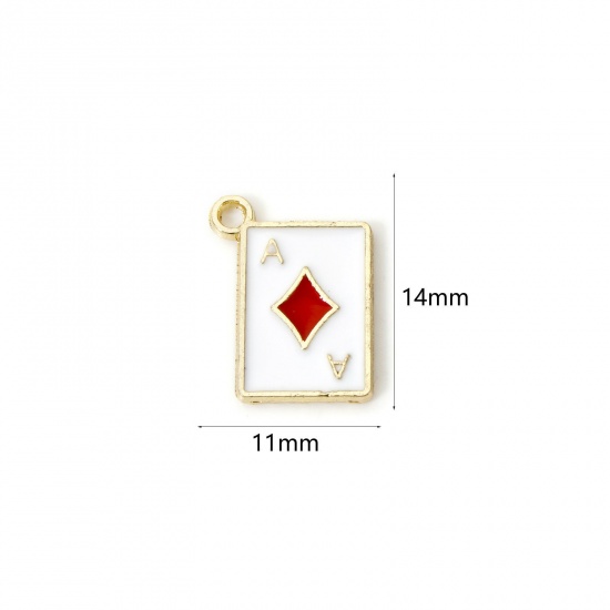 Imagen de 20 PCs Zinc Based Alloy Poker/ Paper Card/ Game Card Charms Gold Plated White & Red Diamonds Enamel 14mm x 11mm