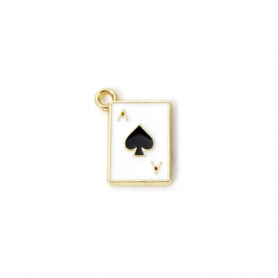 Imagen de 20 PCs Zinc Based Alloy Poker/ Paper Card/ Game Card Charms Gold Plated Black & White Ace Of Spades Enamel 14mm x 11mm