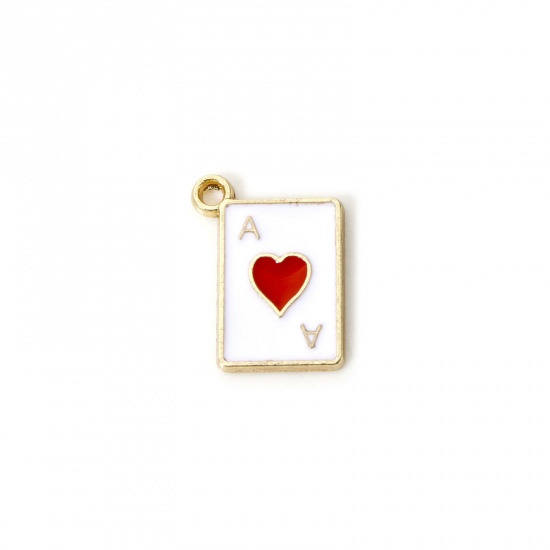 Imagen de 20 PCs Zinc Based Alloy Poker/ Paper Card/ Game Card Charms Gold Plated White & Red Ace Of Hearts Enamel 14mm x 11mm