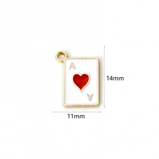 Imagen de 20 PCs Zinc Based Alloy Poker/ Paper Card/ Game Card Charms Gold Plated White & Red Ace Of Hearts Enamel 14mm x 11mm