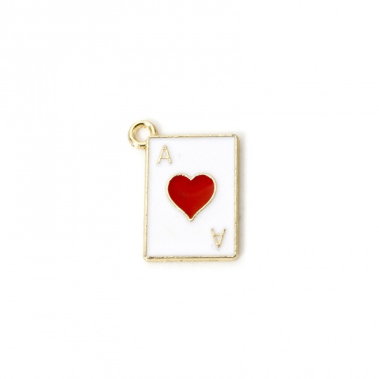 Imagen de 20 PCs Zinc Based Alloy Poker/ Paper Card/ Game Card Charms Gold Plated White & Red Ace Of Hearts Enamel 19mm x 14mm