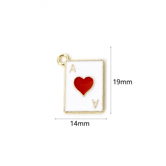 Imagen de 20 PCs Zinc Based Alloy Poker/ Paper Card/ Game Card Charms Gold Plated White & Red Ace Of Hearts Enamel 19mm x 14mm