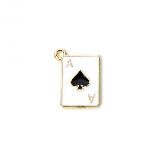 Imagen de 20 PCs Zinc Based Alloy Poker/ Paper Card/ Game Card Charms Gold Plated Black & White Ace Of Spades Enamel 19mm x 14mm