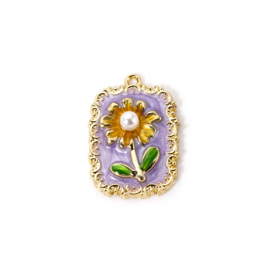 Imagen de 5 PCs Zinc Based Alloy Oil Painting Style Charms Gold Plated Multicolor Rectangle Sunflower Enamel 27mm x 19mm