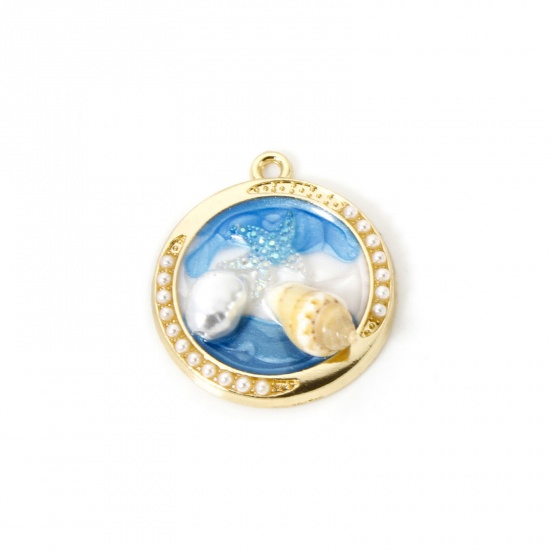 Imagen de 5 PCs Zinc Based Alloy Oil Painting Style Charms Gold Plated White & Blue Round Disc Shell Enamel 28mm x 24mm