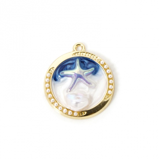 Imagen de 5 PCs Zinc Based Alloy Oil Painting Style Charms Gold Plated White & Blue Round Disc Star Fish Enamel 28mm x 24mm