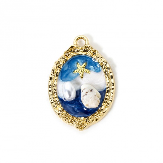 Imagen de 5 PCs Zinc Based Alloy Oil Painting Style Pendants Gold Plated White & Blue Oval Star Fish Enamel 3.1cm x 2.1cm