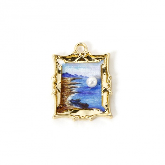 Imagen de 5 PCs Zinc Based Alloy Oil Painting Style Charms Gold Plated Multicolor Rectangle Sea Enamel 26mm x 19mm