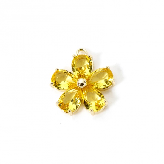 Image de 1 Piece Brass & Glass Charms 18K Gold Plated Flower Yellow Rhinestone 21mm x 18.5mm