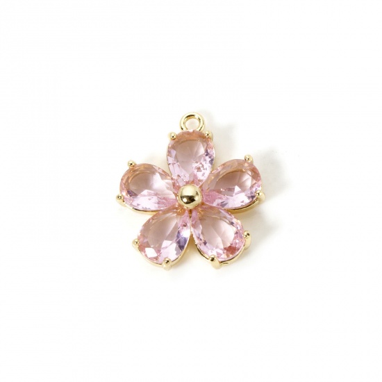 Image de 1 Piece Brass & Glass Charms 18K Gold Plated Flower Light Pink Rhinestone 21mm x 18.5mm