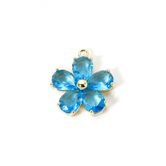 Image de 1 Piece Brass & Glass Charms 18K Gold Plated Flower Blue Rhinestone 21mm x 18.5mm