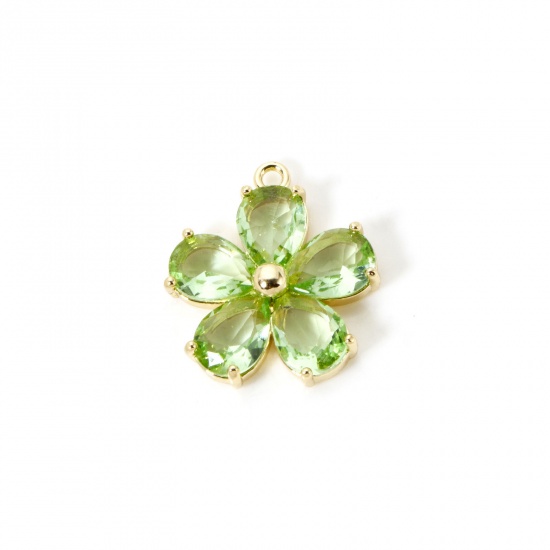 Image de 1 Piece Brass & Glass Charms 18K Gold Plated Flower Light Green Rhinestone 21mm x 18.5mm