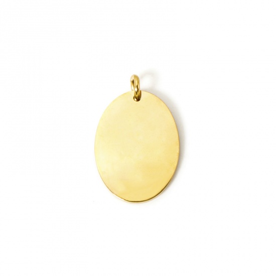 Picture of 1 Piece Eco-friendly PVD Vacuum Plating 304 Stainless Steel Blank Stamping Tags Charms Oval 14K Real Gold Plated 28mm x 18mm