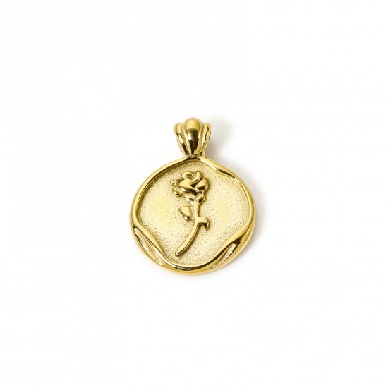 Immagine di 1 Pz Placcatura Sottovuoto PVD Ecologica 304 Acciaio Inossidabile San Valentino Ciondoli Tondo 14K Vero Oro Placcato Rosa 19mm x 14.5mm