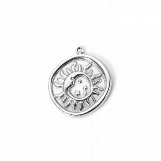 Immagine di 1 Pz Placcatura Sottovuoto PVD Ecologica 304 Acciaio Inossidabile Galassia Ciondoli Tondo Tono Argento Sole 21mm x 18mm