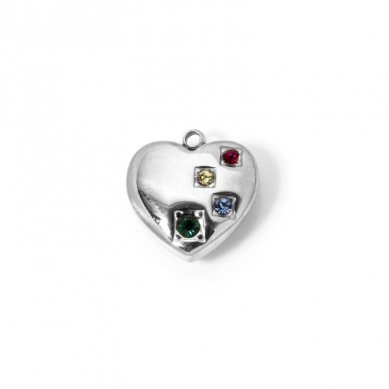 Immagine di 1 Pz Placcatura Sottovuoto PVD Ecologica 304 Acciaio Inossidabile San Valentino Ciondoli Cuore Tono Argento Multicolore Strass 14mm x 13mm