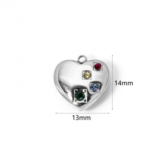 Immagine di 1 Pz Placcatura Sottovuoto PVD Ecologica 304 Acciaio Inossidabile San Valentino Ciondoli Cuore Tono Argento Multicolore Strass 14mm x 13mm