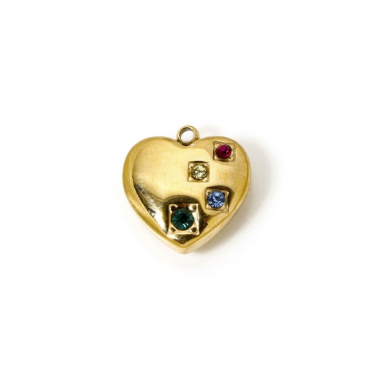 Immagine di 1 Pz Placcatura Sottovuoto PVD Ecologica 304 Acciaio Inossidabile San Valentino Ciondoli Cuore 14K Vero Oro Placcato Multicolore Strass 14mm x 13mm
