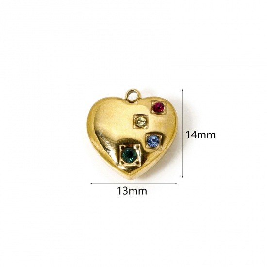 Immagine di 1 Pz Placcatura Sottovuoto PVD Ecologica 304 Acciaio Inossidabile San Valentino Ciondoli Cuore 14K Vero Oro Placcato Multicolore Strass 14mm x 13mm