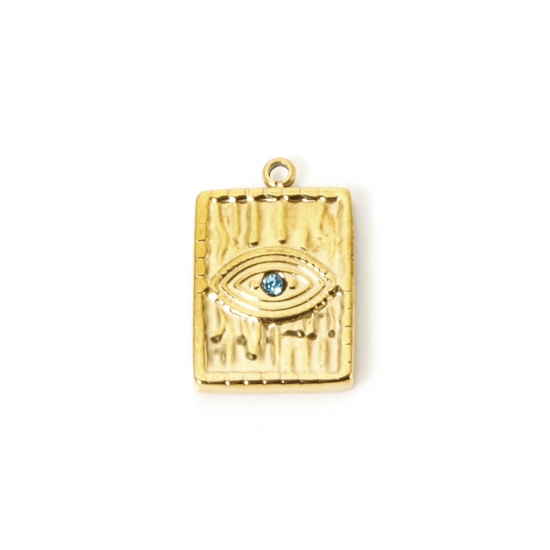 Immagine di 1 Pz Placcatura Sottovuoto PVD Ecologica 304 Acciaio Inossidabile Religione Ciondoli Rettangolo 14K Vero Oro Placcato Malocchio Blu Strass 21mm x 14mm
