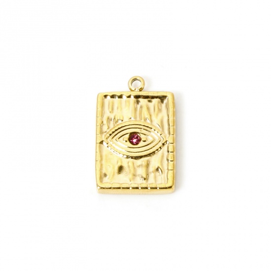 Immagine di 1 Pz Placcatura Sottovuoto PVD Ecologica 304 Acciaio Inossidabile Religione Ciondoli Rettangolo 14K Vero Oro Placcato Malocchio Roso Strass 21mm x 14mm