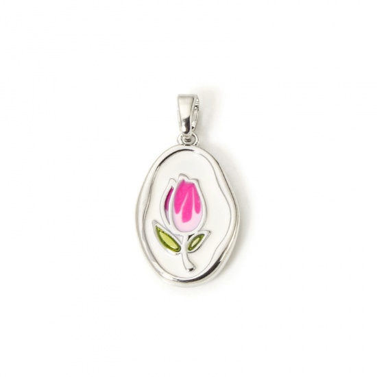 Picture of 2 PCs Eco-friendly Brass Charm Pendant Real Platinum Plated Fuchsia Enamel Oval Tulip Flower Enamel 25mm x 13mm
