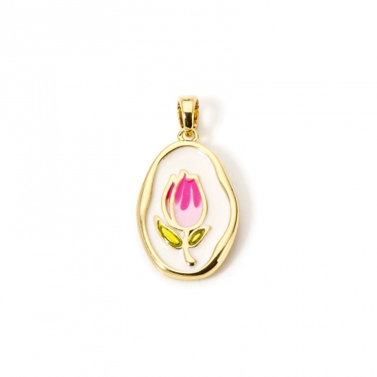 Picture of 2 PCs Eco-friendly Brass Charm Pendant 18K Real Gold Plated Fuchsia Enamel Oval Tulip Flower Enamel 25mm x 13mm