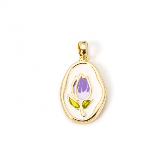 Picture of 2 PCs Eco-friendly Brass Charm Pendant 18K Real Gold Plated Purple Enamel Oval Tulip Flower Enamel 25mm x 13mm