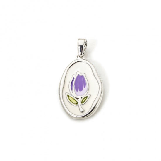 Picture of 2 PCs Eco-friendly Brass Charm Pendant Real Platinum Plated Purple Enamel Oval Tulip Flower Enamel 25mm x 13mm