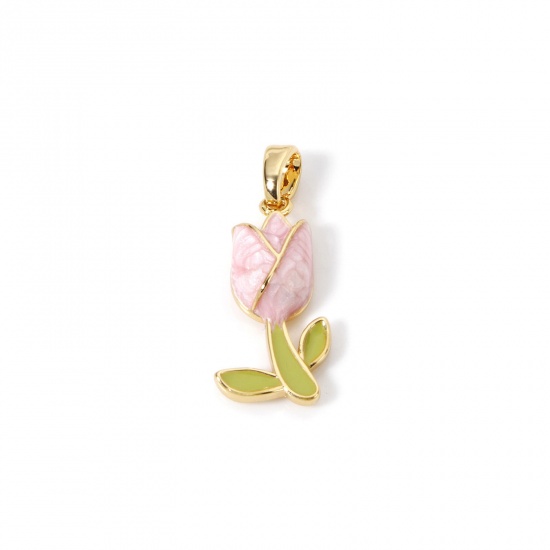 Picture of 2 PCs Eco-friendly Brass Charm Pendant 18K Real Gold Plated Light Pink Enamel Tulip Flower Enamel 23mm x 9mm