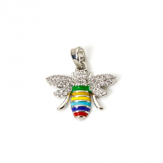 Imagen de 1 Unidad Respetuoso del Medio Ambiente Latón Insecto Colgantes Charms Platino Real Chapado Multicolor Esmalte Abejas Claro Circón Artificial 21mm x 19mm